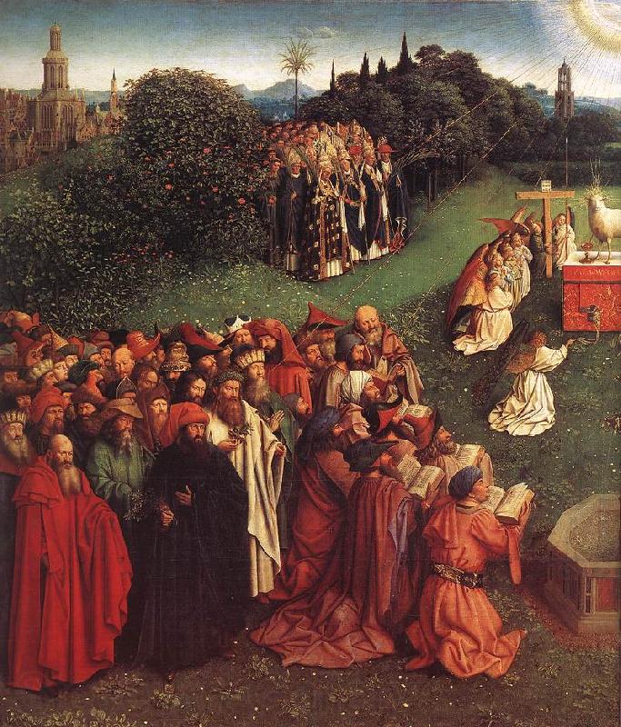 EYCK, Jan van The Ghent Altarpiece: Adoration of the Lamb (detail) Spain oil painting art